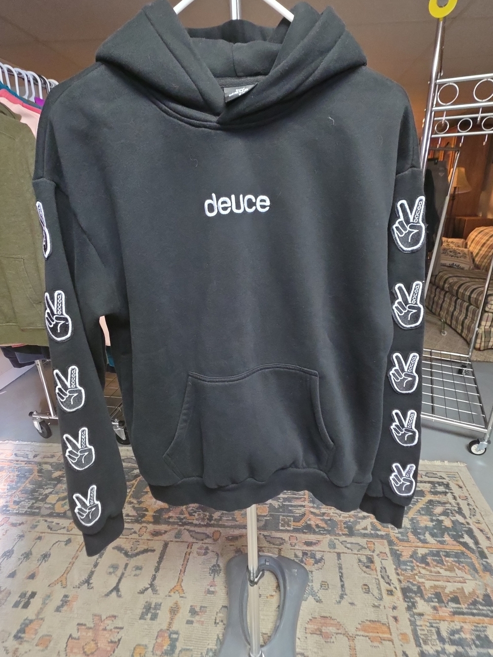 Deuce Men's Black Hoodie with Peace Sign Sleeve Embroidery